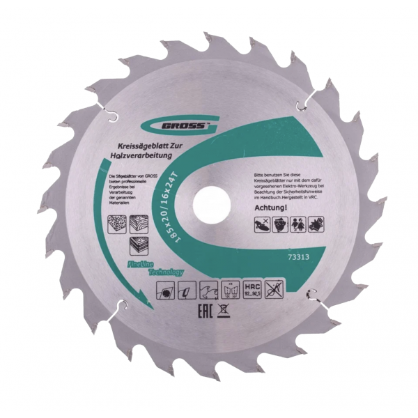 Пильный диск по дереву GROSS 73313, 185×20/16 мм, 24 зуба